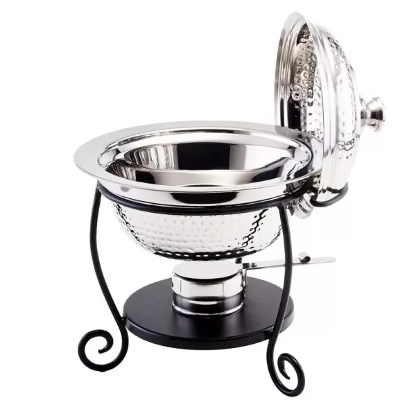 Old Dutch 10 in. x 10-1/2 in. x 12 in. Round Hammered Stainless Steel Chafing Dish with Black Iron Stand 1-3/4 Qt.