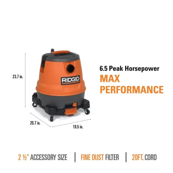 RIDGID 12 Gal. 6.5-Peak HP Motor-On-Bottom Wet/Dry Shop Vacuum with Fine Dust Filter, Hose and Accessories