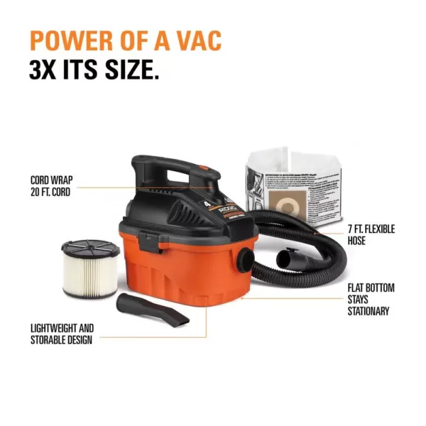 RIDGID 4 Gal. 5.0-Peak HP Portable Wet/Dry Shop Vacuum with Filter, Dust Bag, Locking Hose and Car Nozzle