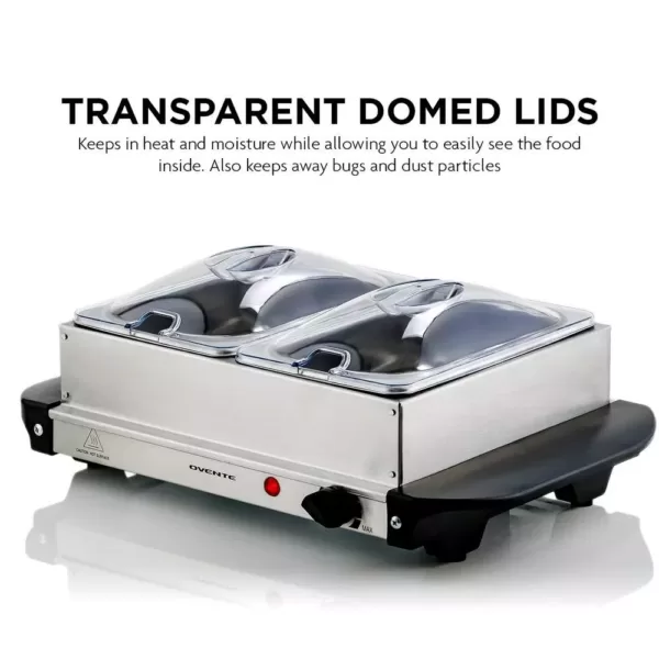 Ovente 2.1 qt. Silver Chafing Dishes, Electric Buffet Server Tray with 2 x 1L Stainless Steel Warming Pans and Lids