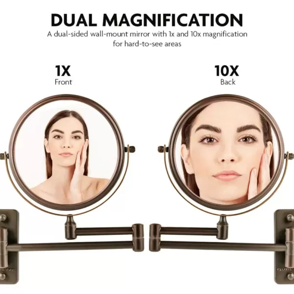 Ovente Small Round Wall Mounted Antique Bronze Makeup Mirror (11 in. H x 1.4 in. W), 1x-10x Magnification