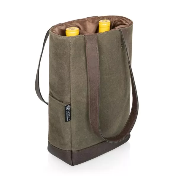 Picnic Time Khaki Green 2-Bottle Insulated Waxed Canvas Wine Cooler Bag