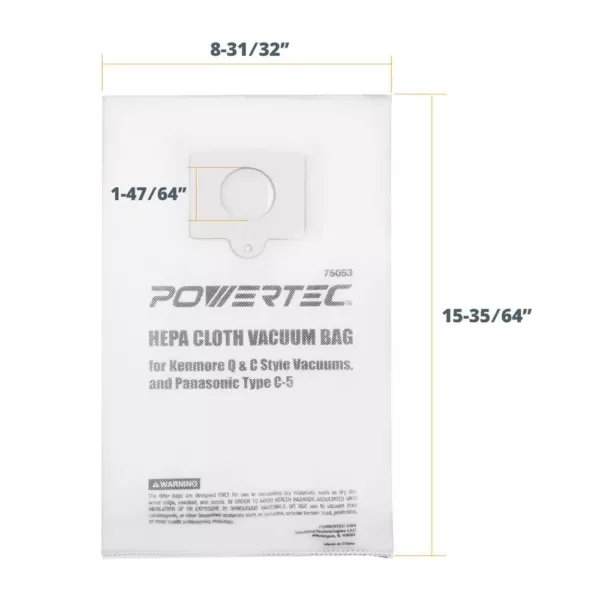 POWERTEC HEPA Cloth Vacuum Bag Replacement for Kenmore Q and C Style Vacuums, and Panasonic Type C-5 (6-Pack)