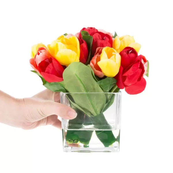 Pure Garden 8 in. Tulip Artificial Floral Multicolor Arrangement