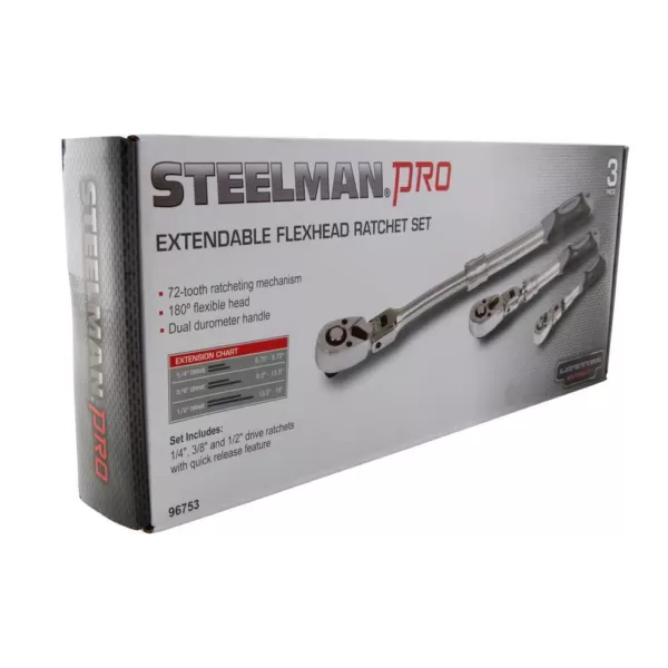 STEELMAN PRO 1/4 in., 3/8 in., and 1/2 in. Drive 72-Tooth Extendable Flex-Head Ratchet Set (3-Piece)