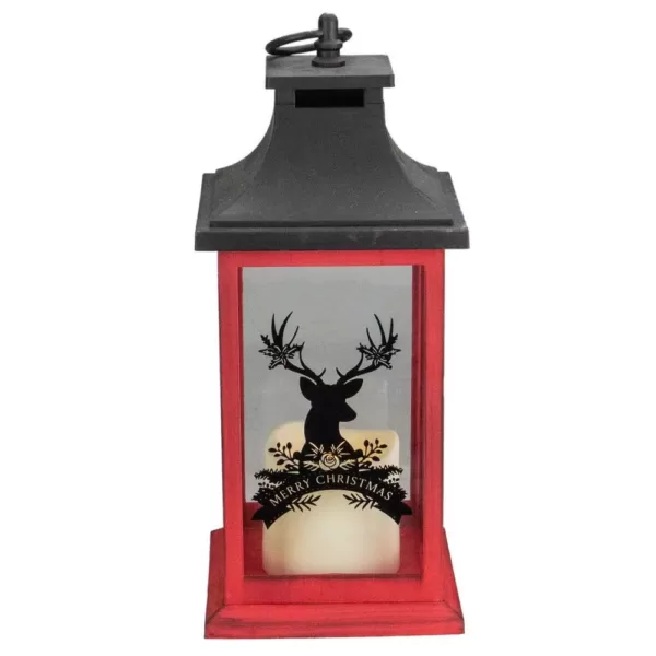 Northlight 12 in. Red and Black LED Candle With Deer Christmas Lantern