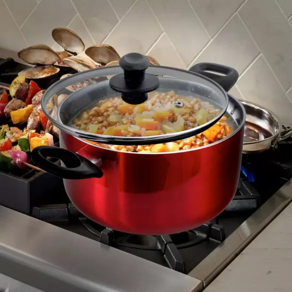 Oster Merrion 6 qt. Round Aluminum Nonstick Dutch Oven in Red with Glass Lid