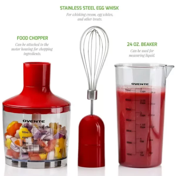 Ovente Ultra-Stick Immersion, 300-Watts, Hand Blender Set, Whisk+Beaker+Chopper, Stainless Steel, 2-Speed Setting