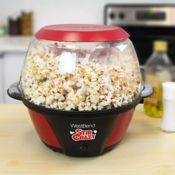 West Bend 6 oz. Red Stir Crazy Electric Hot Oil Popcorn Popper Machine with Stirring Rod Large Lid with Improved Butter Melting