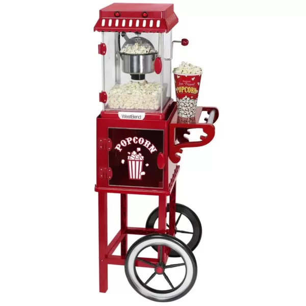 West Bend Popcorn Cart 2.5 oz Non-Stick Stainless Steel Kettle, Makes 10 Cups, Cabinet Built-In Light, with Spoon & Scoop