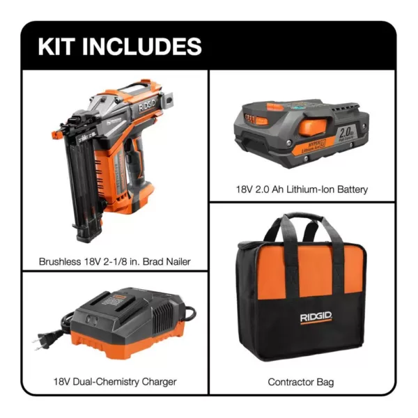 RIDGID 18-Volt Lithium-Ion Cordless Brushless HYPERDRIVE 18-Gauge 2-1/8 in. Brad Nailer, Battery, Charger, Belt Clip, Bag