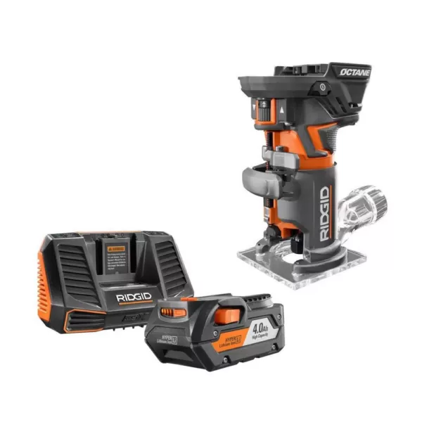 RIDGID 18-Volt OCTANE Fixed Base Router with 1/4 in. Bit with 18-Volt Lithium-Ion 4.0 Ah Battery and Charger Kit