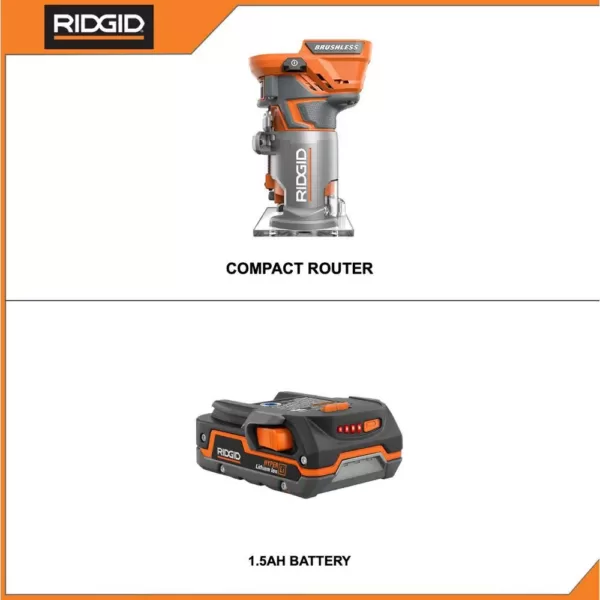 RIDGID 18-Volt Cordless Brushless 1/4 in. Compact Router with 1.5 Ah Lithium-Ion Battery