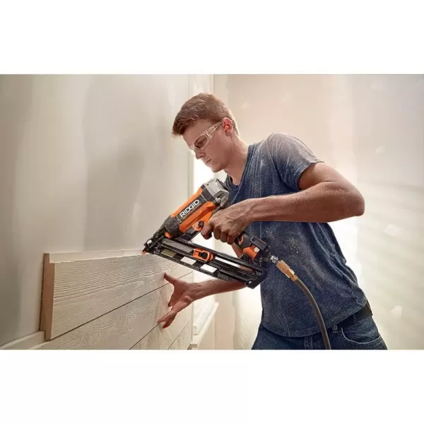 RIDGID 15-Gauge 2-1/2 in. Angled Finish Nailer with CLEAN DRIVE Technology, Tool Bag, and Sample Nails