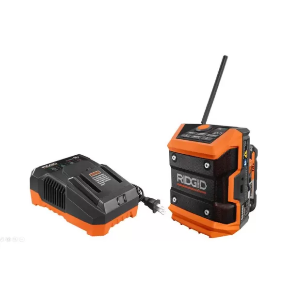 RIDGID 18-Volt Cordless Mini Bluetooth Radio with Radio App, 2.0 Ah Lithium-Ion Battery, and Charger