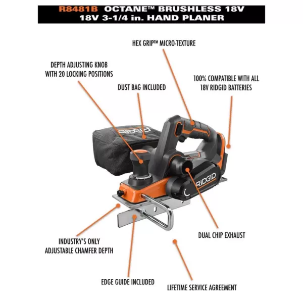 RIDGID 18-Volt OCTANE Cordless Brushless 3-1/4 in. Hand Planer Kit with (1) OCTANE Bluetooth 3.0 Ah Battery and Charger