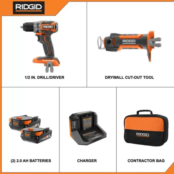 RIDGID 18V Brushless SubCompact 1/2 in. Drill/Driver Kit with 18V Drywall Cut-Out Tool, 2 Batteries, Charger, and Bag