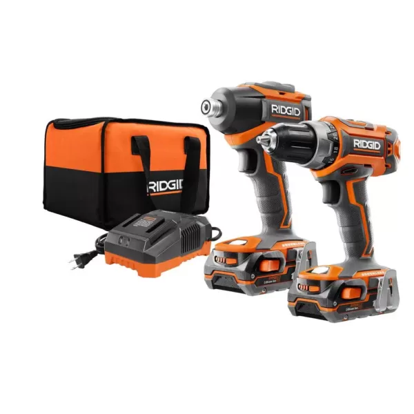 RIDGID 18-Volt Lithium-Ion Cordless Brushless Drill/Driver and Impact Driver Combo Kit w/(2) 1.5 Ah Batteries, Charger, and Bag