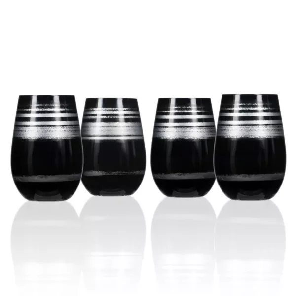 Rolf Glass Cosmo 16.5 oz. Stemless Wine Tumbler - Black/Silver (Set of 4)