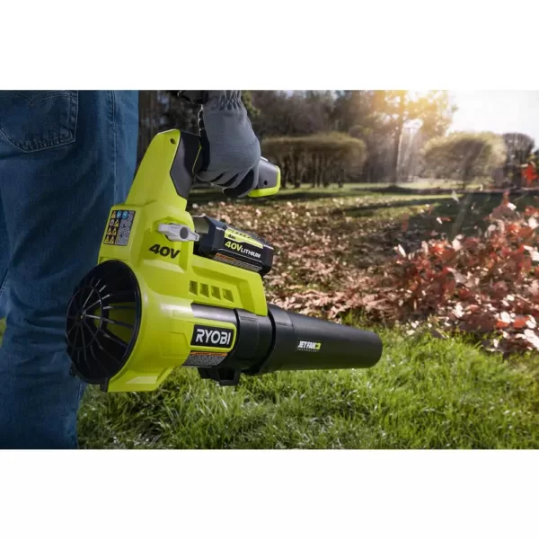 RYOBI 110 MPH 525 CFM 40-Volt Lithium-Ion Jet Fan Leaf Blower with Lawn and Leaf Bag - 4.0 Ah Battery and Charger Included