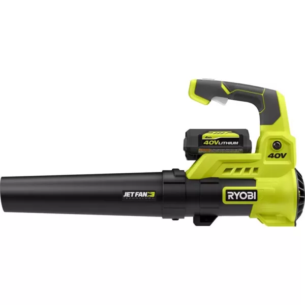 RYOBI 110 MPH 525 CFM 40-Volt Lithium-Ion Jet Fan Leaf Blower with Lawn and Leaf Bag - 4.0 Ah Battery and Charger Included