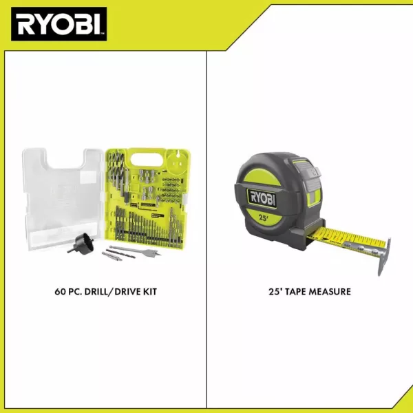 RYOBI Multi-Material Drill and Drive Kit (60-Piece) with BONUS 25FT Tape Measure