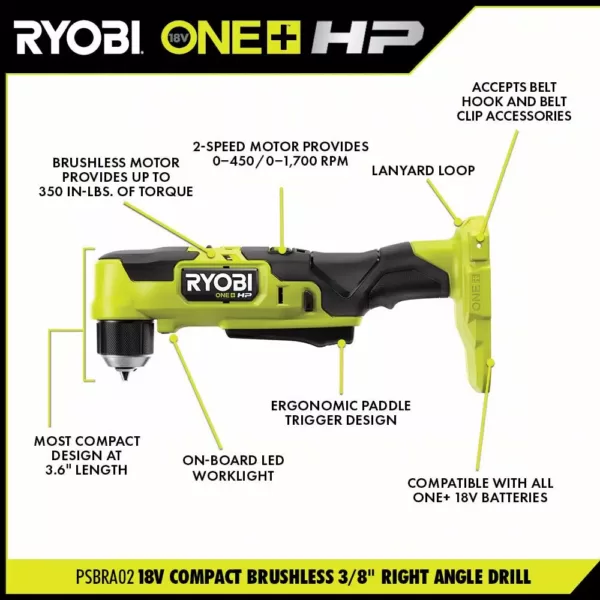 RYOBI ONE+ HP 18V Brushless Cordless Compact 1/4 in. Impact Driver and 3/8 in. Right Angle Drill with (2) Batteries, Charger