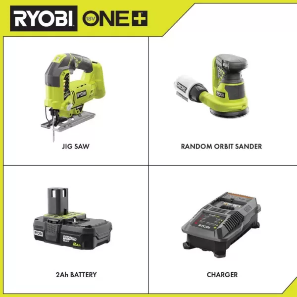 RYOBI 18-Volt ONE+ Cordless Orbital Jig Saw and 5 in. Random Orbit Sander with 2.0 Ah Battery and Charger