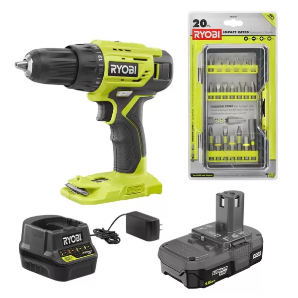 RYOBI ONE+ 18V Cordless 1/2 in. Drill/Driver Kit w/ 1.5 Ah Battery & 18V Charger w/ Impact Rated Driving Kit (20-Piece)