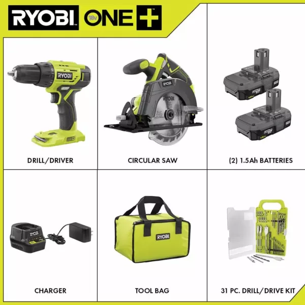 RYOBI 18-Volt ONE+ Cordless 2-Tool Combo Kit w/ Drill/Driver, Circular Saw w/ BONUS Black Oxide Drill & Drive Kit (31-Piece)