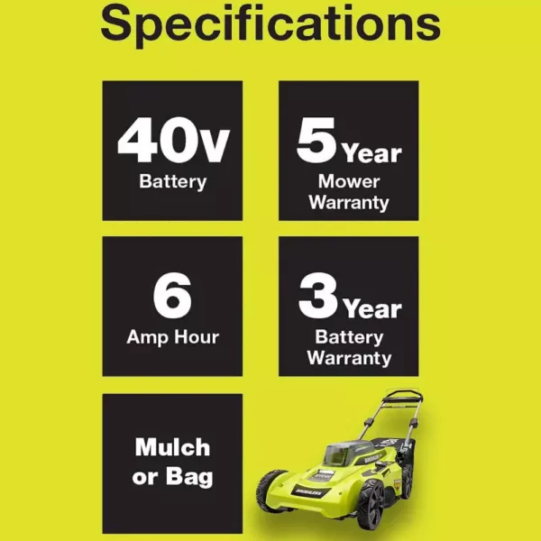 RYOBI 20 in. 40-Volt Brushless Lithium-Ion Cordless Battery Walk Behind Push Lawn Mower 6.0 Ah Battery/Charger Included