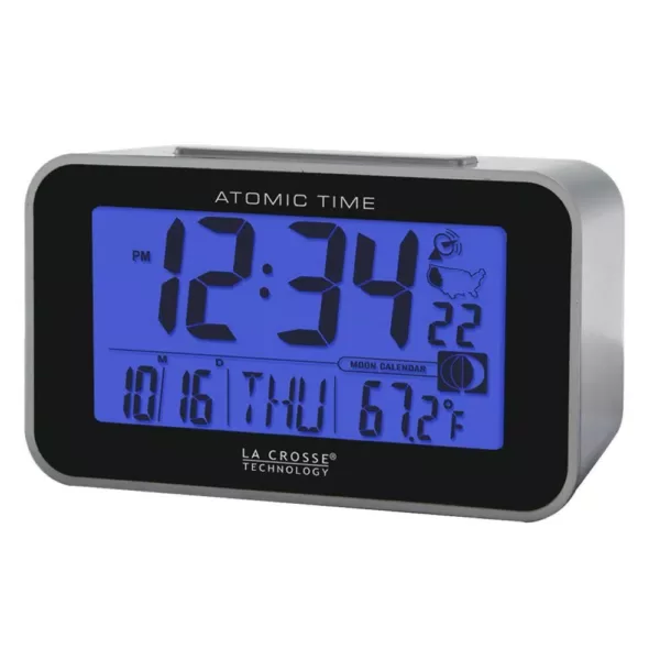 La Crosse Technology Atomic 4.76 in. x 3.12 in. Temperature and Moon Phase Black/Silver Digital Alarm Table Clock