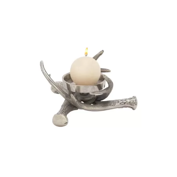 LITTON LANE 4 in. Silver Aluminum Crossed Antlers Candle Holder