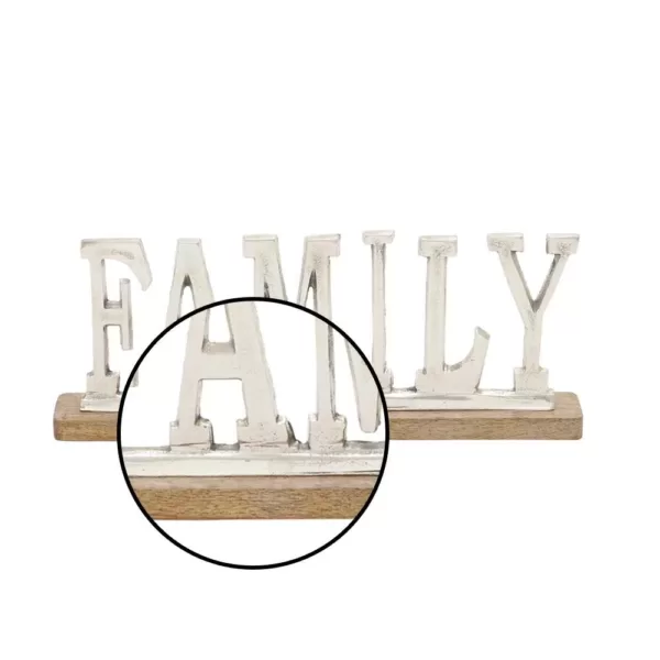 LITTON LANE 15 in. x 6 in. Silver Aluminum "FAMILY" Standing Sign on Oak Brown Wooden Base