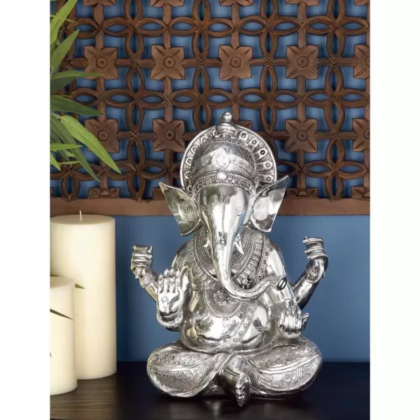 LITTON LANE 16 in. X 12 in. Antique Silver Sitting Ganesh Sculpture with Patterned Detailing