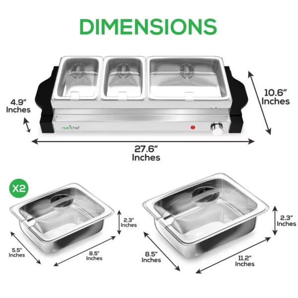 NutriChef 27.6 in. 3-Burner Stainless Steel Electric Food Warming Tray - Buffet Server Hot Plate Food Warmer