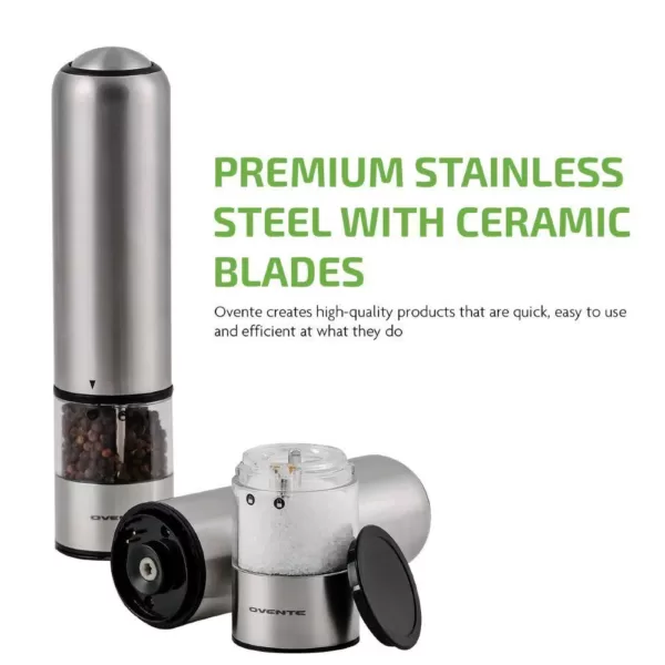 Ovente Stainless Steel with Ceramic Blades Electric Salt and Pepper Grinder Set, 6 AAA Battery Operated