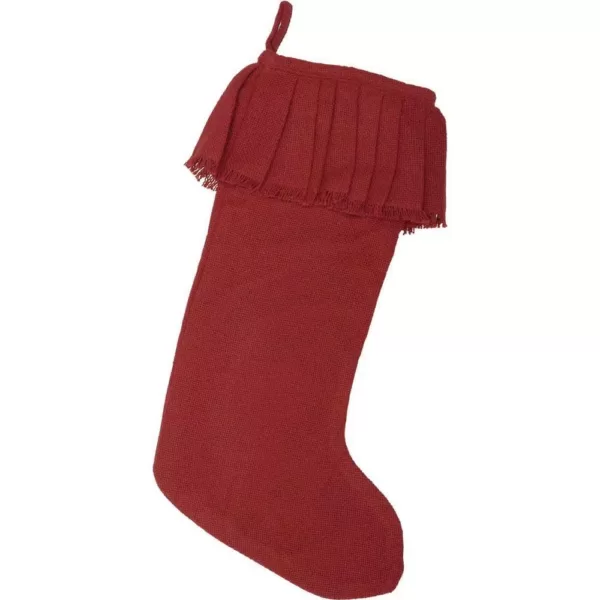 VHC Brands 20 in. Cotton Red Festive Burlap Farmhouse Christmas Decor Ruffled Stocking