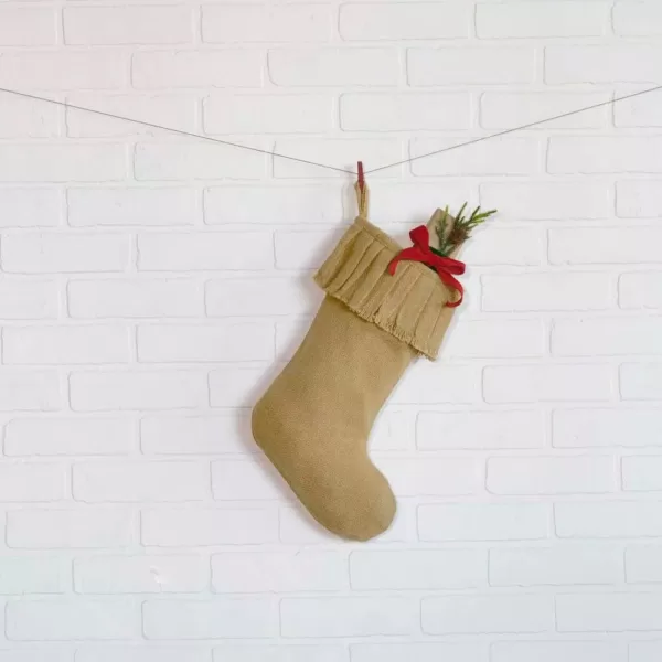 VHC Brands 15 in. 100% Cotton Natural Festive Burlap Farmhouse Christmas Decor Ruffled Stocking