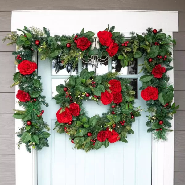 Village Lighting Company 30 in. Pre-Lit LED Red Peonies and Berry Wreath