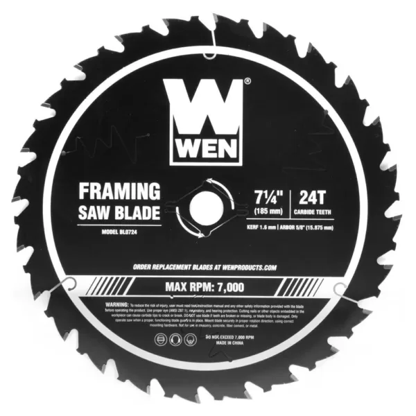 WEN 7.25 in. 24-Tooth Carbide-Tipped Professional Framing Saw Blade for Miter Saws and Circular Saws