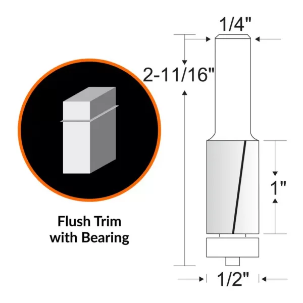 WEN 1/2 in. Flush Trim Carbide Tipped Router Bit with 1/4 in. Shank and 1 in. Cutting Length