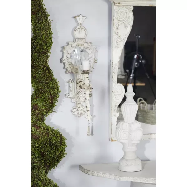 LITTON LANE Distressed White Ornate Candle Sconce