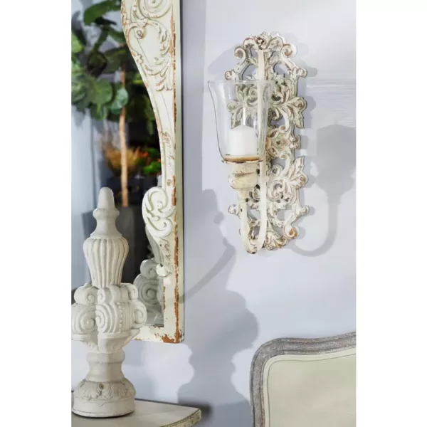 LITTON LANE Distressed White Acanthus Candle Sconce