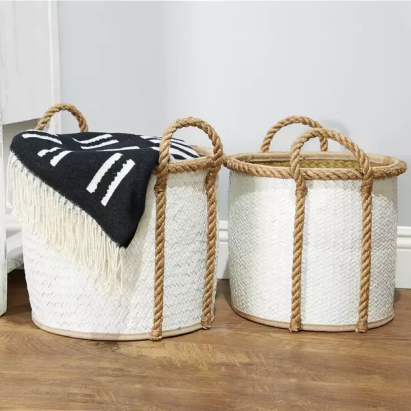 LITTON LANE Round Palm Leaf and Rope Storage Wicker Baskets with Handles (Set of 3)