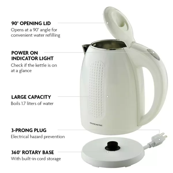 Ovente 7-Cup White Stainless Steel BPA-Free Electric Kettle with Auto Shut-Off and Boil-Dry Protection