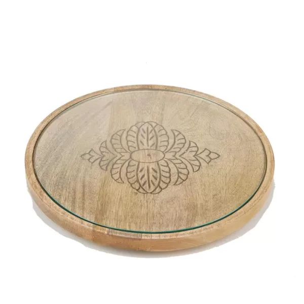 Mind Reader Brown Bamboo Serving Tray Round Cheese Platter Decorative Display Tray with Glass Top