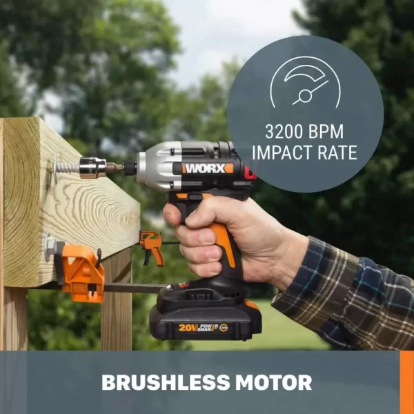 Worx POWER SHARE 20-Volt Cordless and Brushless Multi-Speed 1/4 in. Hex Impact Driver with Quick Change Chuck